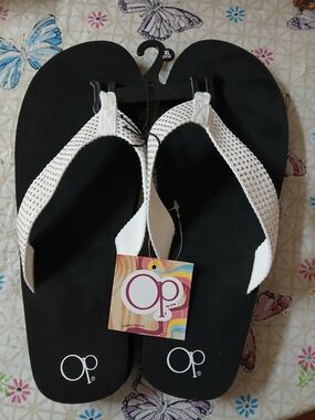 OP White Rhinestone-Embellished Strap Black Footbed Sandals